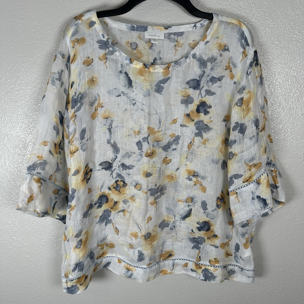 Pure J Jill Linen Gauze Top Medium Petite Airy Floral 3/4 Sleeve Lagenlook Boho